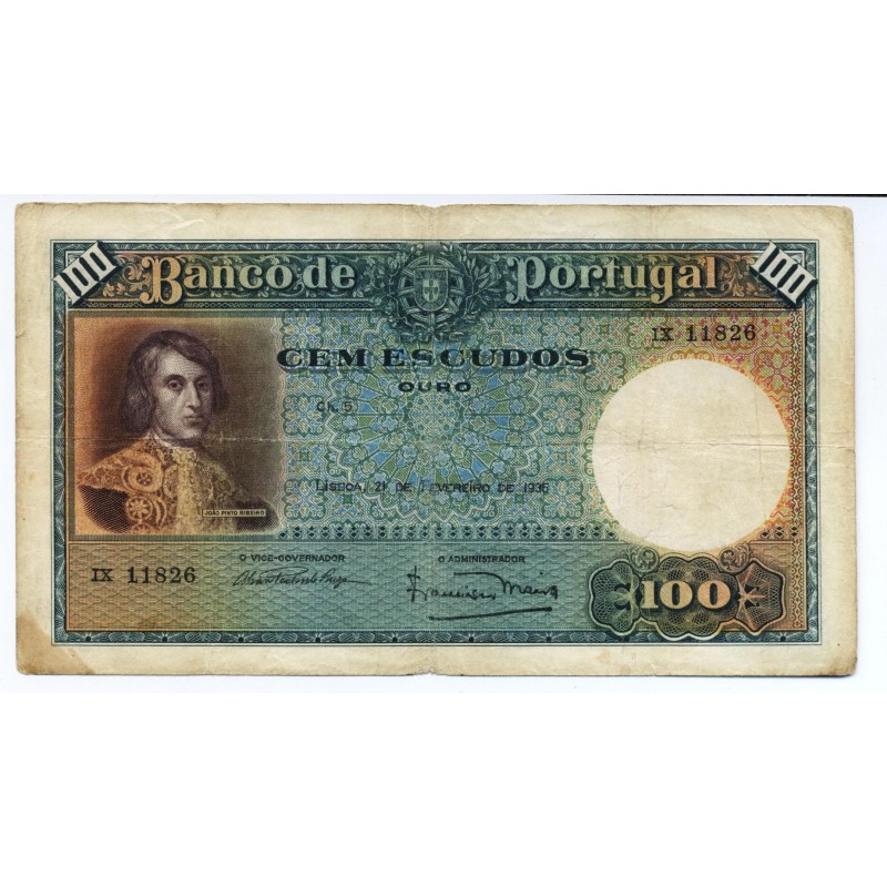 Portugal - Nota - 100 Escudos - 21/2/1936 -  Ch. 5 - João Pinto Ribeiro