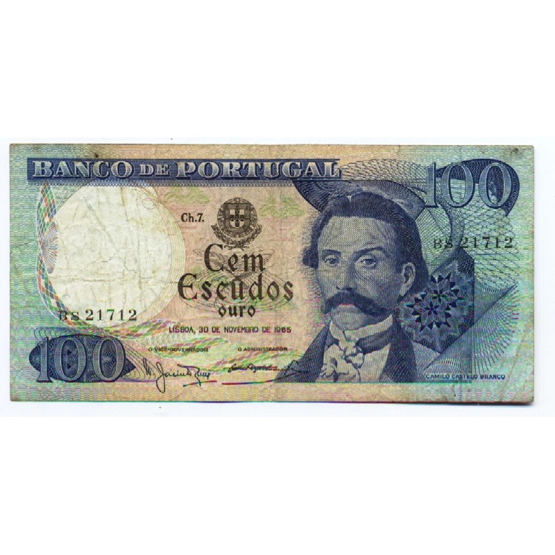 Portugal - Nota 100 Escudos - CAPICUA - 30/11/1965 - Ch. 7 -  Camilo Castelo Branco