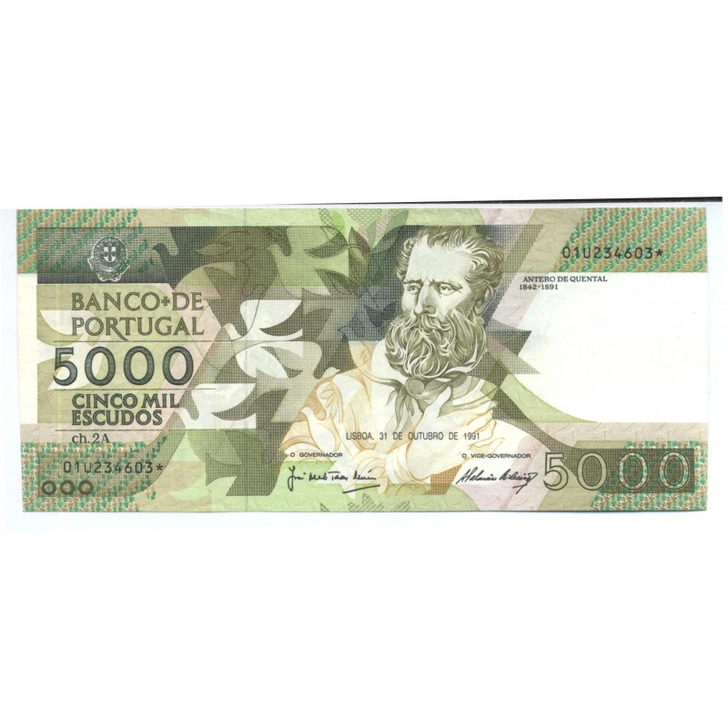 Portugal - Nota - 5000 Escudos - 31/10/1991 -  Ch. 2A - Antero de Quental