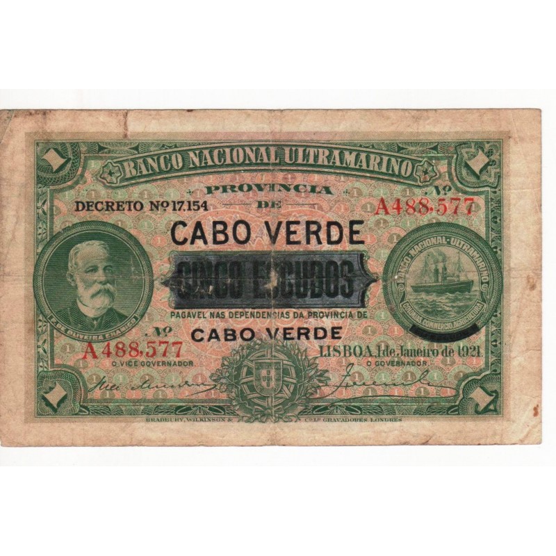 Cabo Verde, PT, 5 Escudos, 1/1/1921, Chamiço